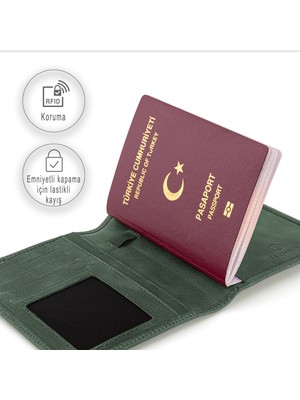 Trusador Voyager Yeşil Hakiki Deri Unisex Pasaportluk Kredi Kartlık Para Bölmeli Pasaport Kılıfı Seyahat Cüzdanı RFID Korumalı