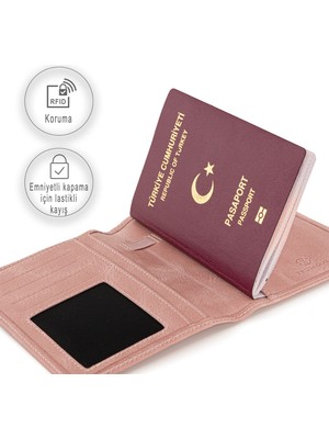 Trusador Voyager Pembe Hakiki Deri Unisex Pasaportluk Kredi Kartlık Para Bölmeli Pasaport Kılıfı Seyahat Cüzdanı RFID Korumalı