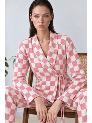 Fit Women Kadın Kruvaze Yaka Kareli Beli Kuşaklı Pembe Pijama Takımı 4785