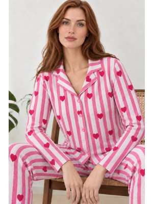 Fit Women Kadın Uzun Kollu Gömlek Yaka Pembe Çizgili Kalpli Pijama Takımı 4770