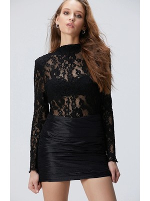 Network Siyah Güpür Bodysuit Örme Bluz