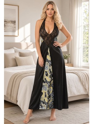 Sistina Siyah Dantelli Saten Gecelik - 086