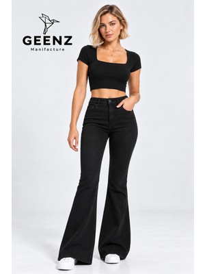 Geenz Manifacture Siyah Comfort Jeans Kadın Likralı Esnek Yüksek Bel Ispanyol Paça Jeans Pantolon