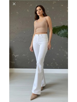 Geenz Manifacture Comfort Jeans Kadın Beyaz Likralı Esnek Yüksek Bel Ispanyol Paça Jeans Pantolon
