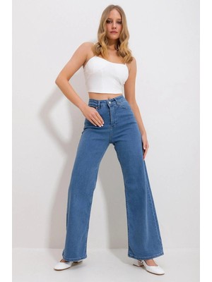 Geenz Manifacture Ragazza 90's Orta Mavi Likralı Palazzo Salaş Paça Süper Yüksek Bel Jean Pantolon