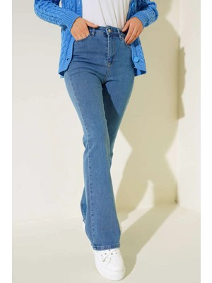 Geenz Manifacture Orta Mavi Kadın Miya Ispanyol Paça Kot Pantolon Yüksek Bel Jeans Toparlayıcı( Extra Rahat)