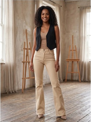 Geenz Manifacture Comfort Jeans Kadın Bej Likralı Esnek Yüksek Bel Ispanyol Paça Jeans Pantolon