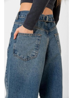 Geenz Manifacture Tokalı Baggy Likrasız Yüksek Bel Wide Leg Salaş Geniş Paça Kot Pantolon
