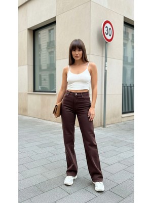 Geenz Manifacture Gabriela Acıkahve Likralı Süper Yüksek Bel Salaş Esnek Jeans Palazzo Pantolon