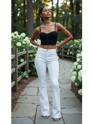 Geenz Manifacture Beyaz Cherry Likralı Yüksek Ispanyol Ispanyol Jeans Pantolon