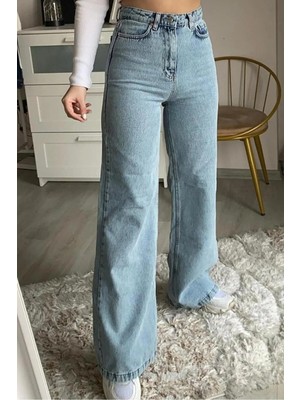 Geenz Manifacture Silver 90's Kar Mavi Likralı Süper Yüksek Bel Wide Leg Salaş Jeans Palazzo Pantolon