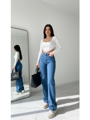 Geenz Manifacture Gabriela Orta Mavi Likralı Süper Yüksek Bel Salaş Esnek Jeans Palazzo Pantolon