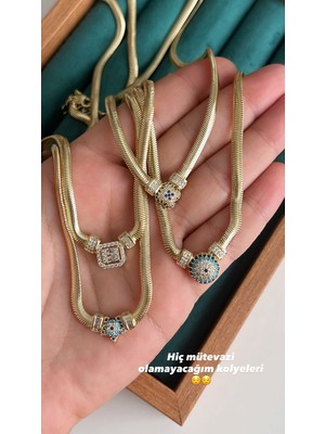 Busradan Design 14K Kaplama Gold Renk Nazar Boncuklu Yılan Zincir Kolye - Taşlı Balık Sırtı Kolye