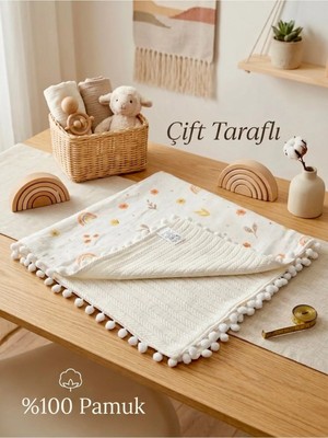 Marvielle 4 Mevsim Çift Taraflı Ponponlu Müslin Pike Battaniye %100 Pamuk 80CMX80CM - Bebek & Çocuk Battaniyesi