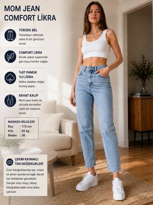 Geenz Manifacture Ngbutika Açık Mavi Mom Jeans Likralı Yüksek Bel Mavi Kar Yıkamalı Mom Kot Pantolon Ekstra Esnek