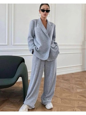 Kadın Oversize Blazer Ceketli Rahat Gri Eşofman Takım