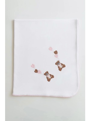 Marvielle Pembe Ayıcık Nakışlı Bebek Battaniyesi %100 Pamuk - 70X80 cm - Bebek & Çocuk Battaniyesi