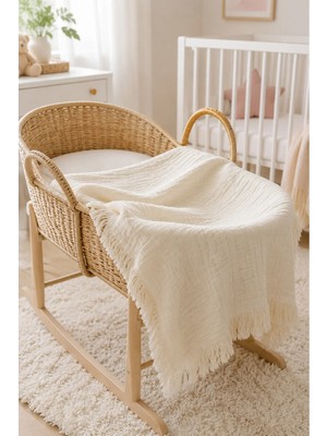 Marvielle %100 Pamuk Müslin Bebek Battaniyesi Püsküllü Yazlık Bebek Örtüsü 90X110 cm - Bebek & Çocuk Battaniyesi