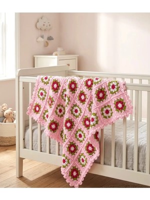 Marvielle 70X70 cm El Örgüsü Bebek Battaniyesi - Alize Gold Cotton - Çiçek Ekru Tasar - Bebek & Çocuk Battaniyesi