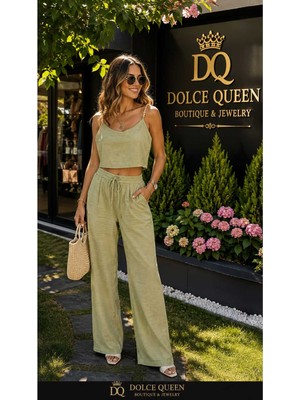 Dolce Queen Kadın Boncuk Detaylı Askılı Crop Bluz Bol Paça Pantolon Ikili Takım