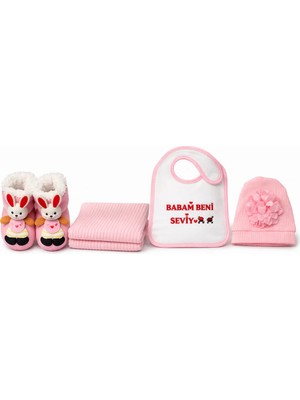 Marvielle Kız Bebek Hediyelik 4’lü Set | Babam Beni Seviyor Önlüklü Tavşanlı Patik Ba - Bebek & Çocuk Battaniyesi