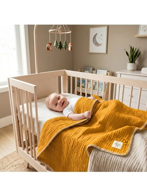 Marvielle Hardal Sarısı Müslin Bebek Battaniyesi - %100 Pamuk, Çoban Dikişli Kenarlı - Bebek & Çocuk Battaniyesi