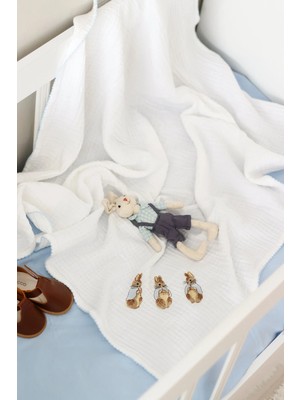 Marvielle Mavi Tavşan Nakışlı Müslin Bebek Battaniyesi - 90X90 cm - Bebek & Çocuk Battaniyesi