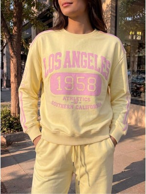 Dolce Queen Kadın Los Angeles Baskılı Bisiklet Yaka Sweatshirt 2 Iplik Şardonsuz Yeni Sezon
