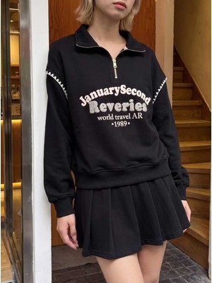 Dolce Queen Kadın Yazı Baskılı Yarım Fermuarlı Oversize Sweatshirt 2 Iplik Şardonsuz Yeni Sezon