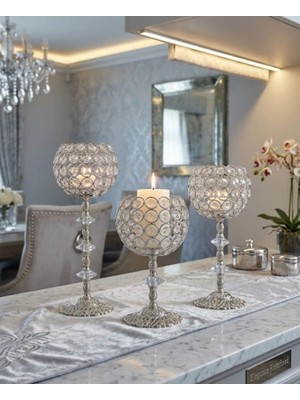 Kristal Taşlı Ayaklı Gümüş Şamdan 3'lü Set