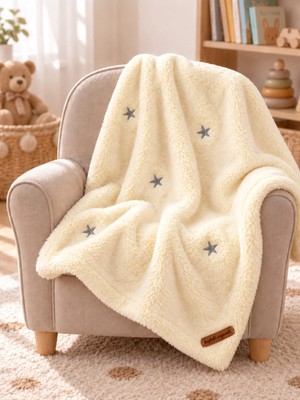 Marvielle Gri Yıldız Desenli Wellsoft Kumaş 100X120 cm Peluş ve Yumuşak Krem Rengi Be - Bebek & Çocuk Battaniyesi