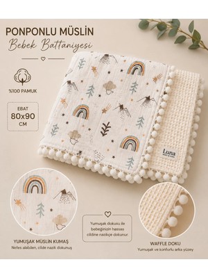 Marvielle Ponponlu Müslin Bebek Battaniyesi 80X90 cm %100 Pamuk Çift Taraflı Pike Beb - Bebek & Çocuk Battaniyesi
