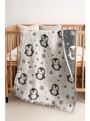 Marvielle Penguen Desen - %100 Pamuk Müslin Bebek Örtüsü - 80X110 cm - Bebek & Çocuk Battaniyesi