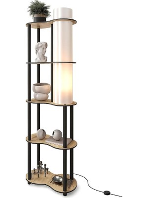 Raflı Lambader Safir Meşe – Mdf Dekoratif Ayaklı Lamba, Kitaplık ve Çiçeklik Raflı Lambader, Salon Yatak Odası Aydınlatma Ünitesi 155 cm