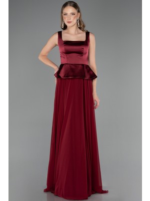 Abiyefon Saten Kare Yaka Peplum Uzun Şifon Abiye Elbise ABU6568