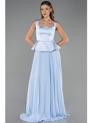 Abiyefon Saten Kare Yaka Peplum Uzun Şifon Abiye Elbise ABU6568