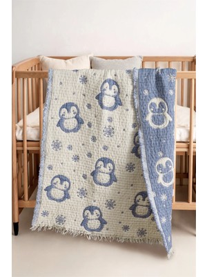 Marvielle Penguen Desen Müslin Bebek Örtüsü Mavi - Bebek & Çocuk Battaniyesi