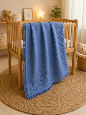 Marvielle %100 Pamuk 4 Katlı Püsküllü Muslin Bebek Battaniyesi, Çok Amaçlı Muslin Ört - Bebek & Çocuk Battaniyesi