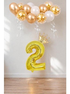 Rakam Gold Folyo Balon, Kral Tacı ve Konfetili Gold Balon