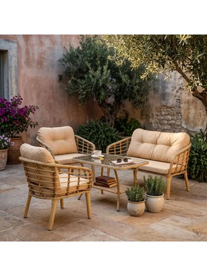 Tu Tienda Kartepe Alüminyum 2 1 1 Rattan Bahçe Balkon Takımı,Bambu Rattan/Bej Kumaş