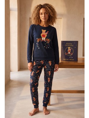 Kadın Geyik Desenli Kutulu Yılbaşı Pijama Takımı Lacivert