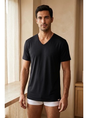 Basic Modal  V Yaka Erkek Tshirt Siyah