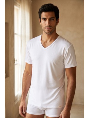 Basic Modal  V Yaka Erkek Tshirt Beyaz