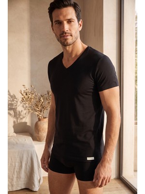 Basic New Modal V Yaka Erkek T-shirt Siyah