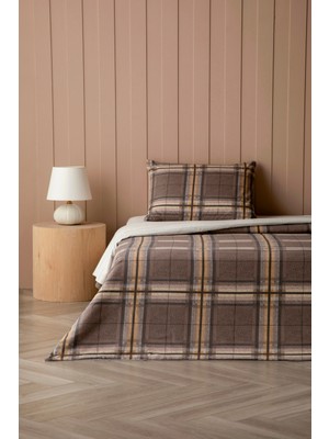English Home Windsor Plaid Flanel Tek Kişilik Çarşaflı Nevresim Takımı 160X220 cm Krem-Kahverengi