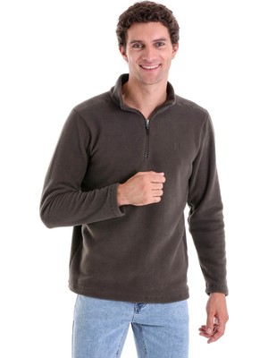 Hatemoğlu Haki Regular Fit Düz Yarım Fermuarlı Bato Yaka Polar Sweatshirt