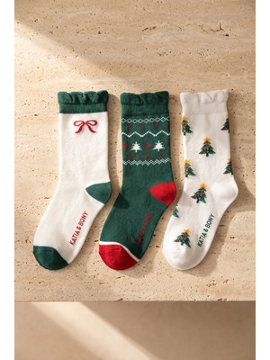 Bony Socks Çocuk 3'lü Çam Ağacı Desenli Soket Yılbaşı Çorabı