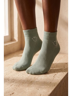 Bony Socks Kadın Gülen Yüz Desenli Pamuklu Step Çorap Yeşil