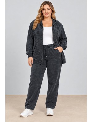 Cedy Denim Cedy Denım Kadın  Nakış Detaylı Fermuarlı Kapüşonlu Sweatshirt ve Bol Paça Eşofman Alt Üst Takım C9130