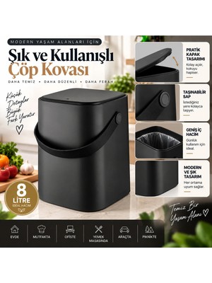 Marvielle 8 Lt Click Kapaklı Tutma Saplı Iç Kovalı Tezgah Üst Mutfak - Siy - Çöp Kovası